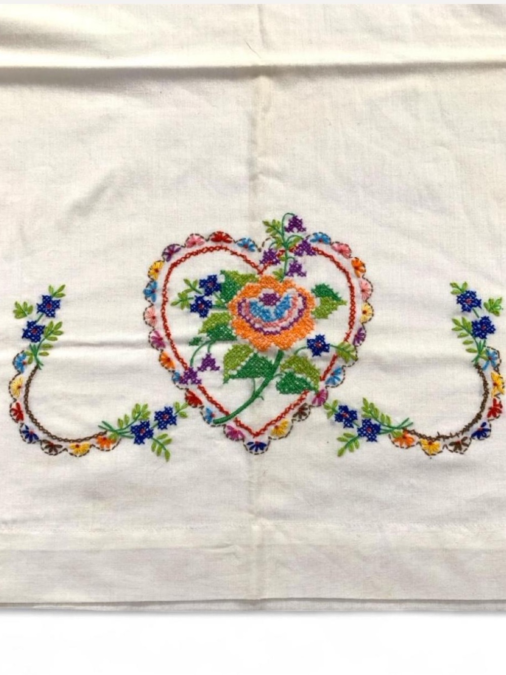 Cross-stitched Embroidered Floral Heart Pillowcase White Multicolor Design